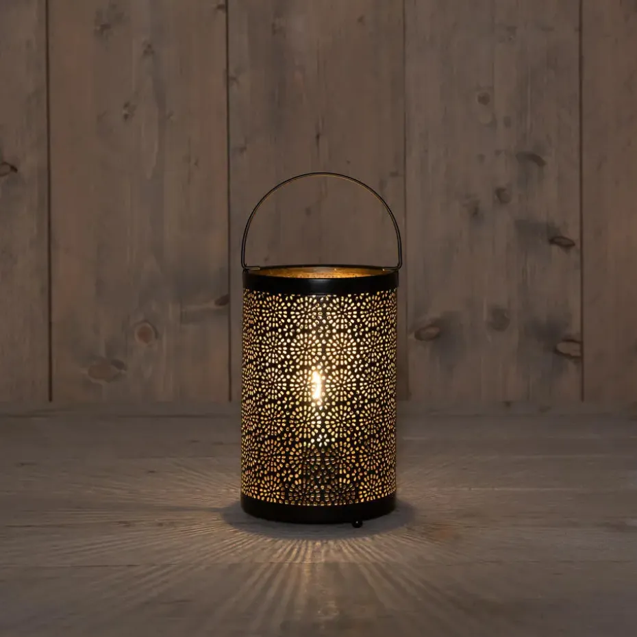 Anna Collection Led sfeer lantaarn/lamp - zwart met goud - H19 cm