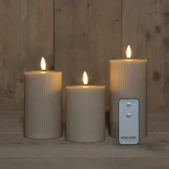 Anna Collection LED stompkaarsen - 3x - taupe/grijs - ribbel - H7,5 cm