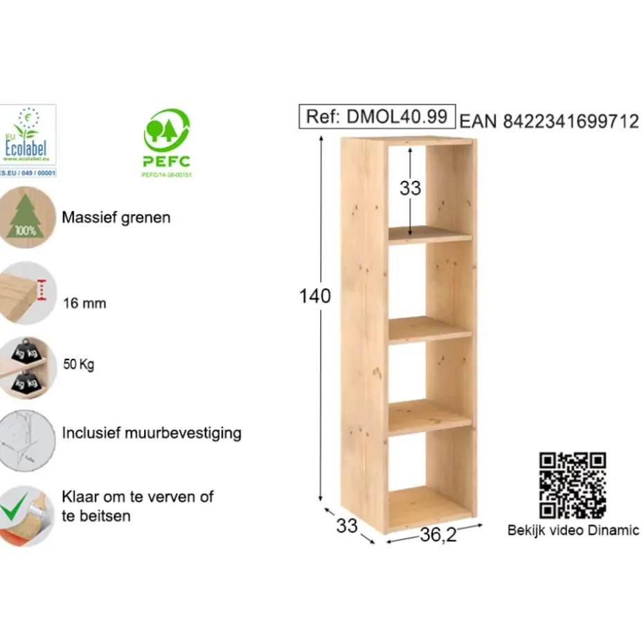 Astigarraga Dinamic Vakkenkast open - 4 vakken - PEFC grenen - 140x36cm