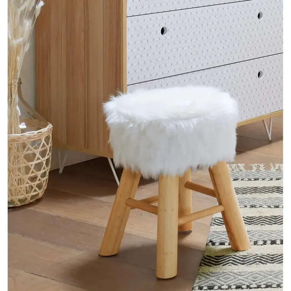 Atmosphera Bijzet/zit krukje Oslo - hout/stof - wit - H42 cm