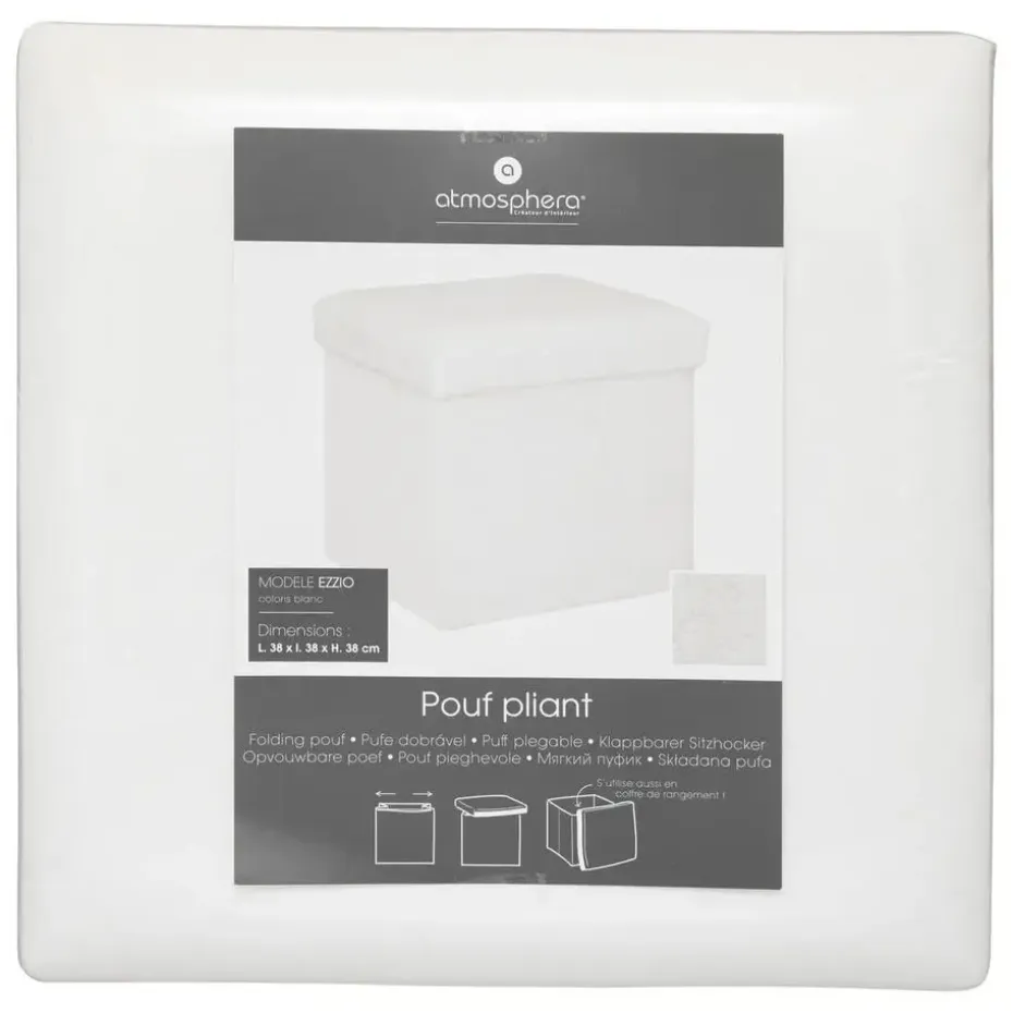 Atmosphera Poef/hocker - opbergbox - wit - PU/MDF - 38 x 38 cm