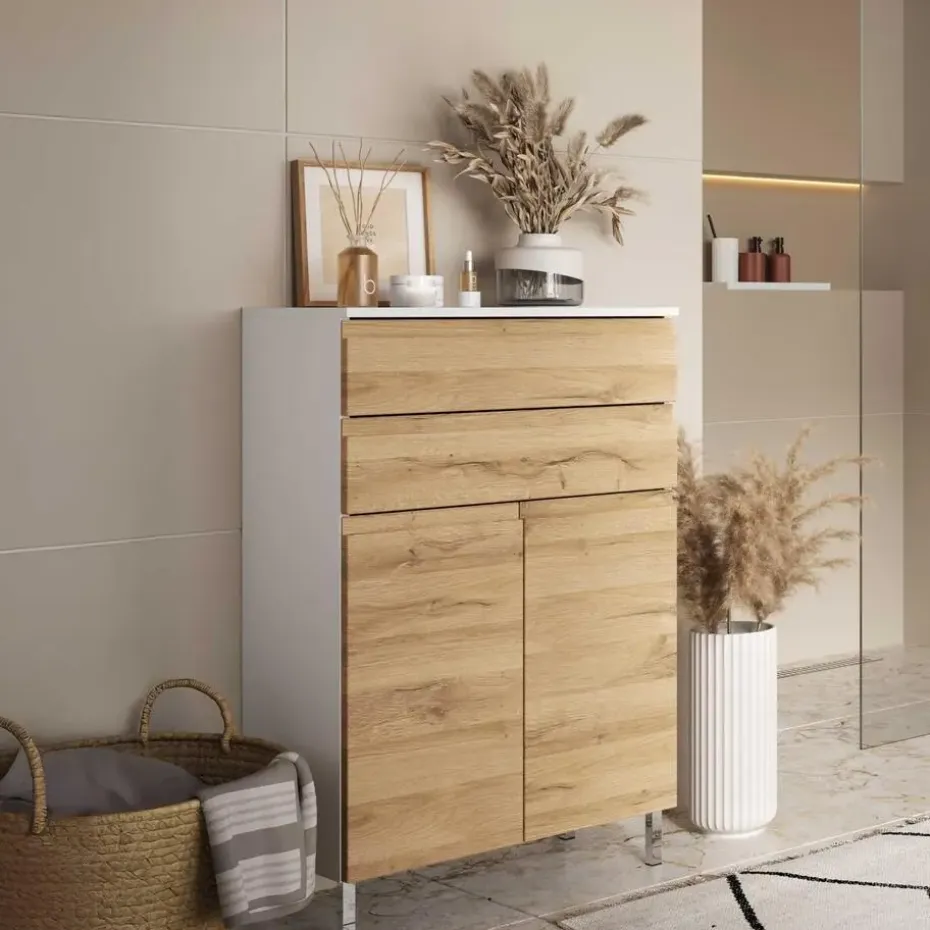 Badkamerkast Torres 60cm met 2 deuren & 2 lades - eikdecor/wit