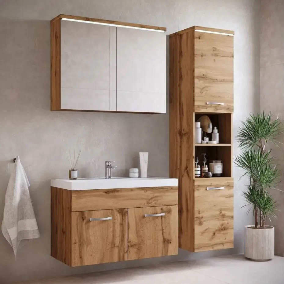 Badplaats Badkamermeubel Set Paso 80 x 40 cm - Eiken - Badmeubel met spiegelkast