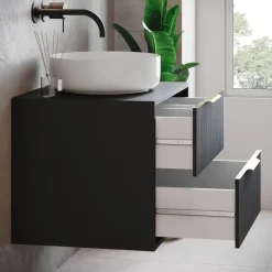 Badplaats Wastafelkast Rimini 60 cm – Mat Zwart – Hangend Badmeubel met 2 Lades