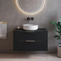 Badplaats Wastafelkast Rimini 80 cm – Mat Zwart – Hangend Badmeubel met 2 Lades