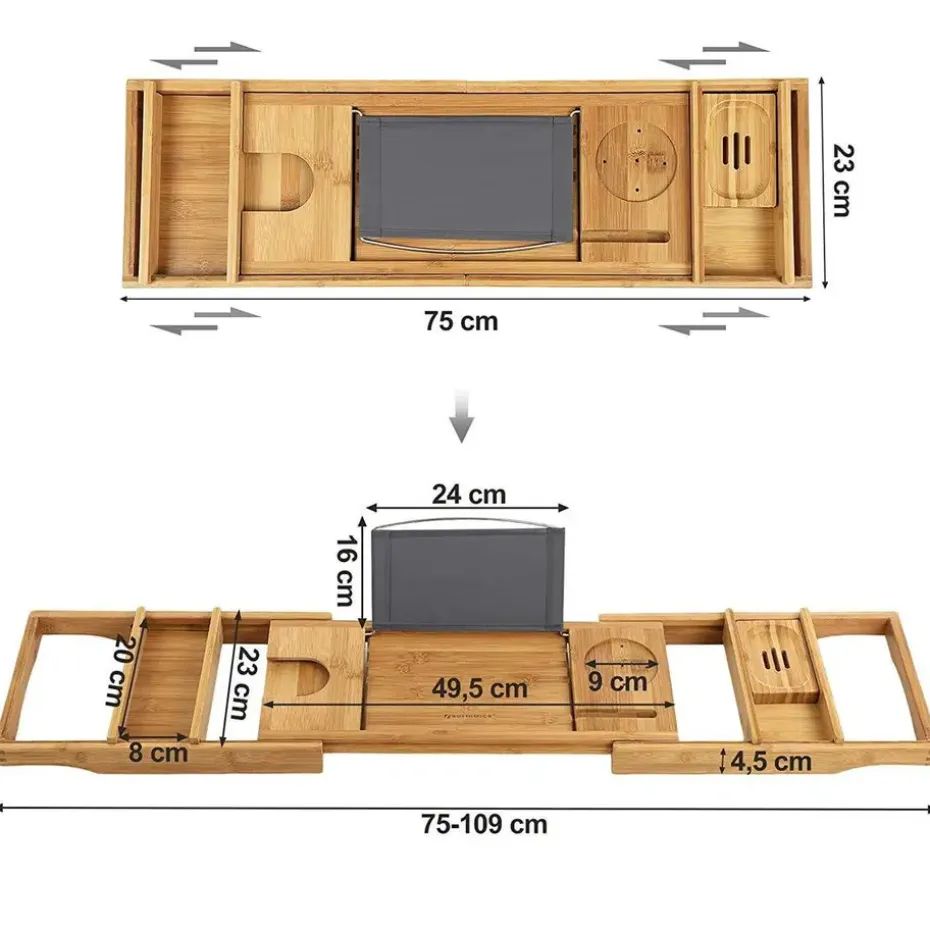 Badplank met Boekenhouder – Uitschuifbare Bad Brug – 75 tot 109 cm Breed