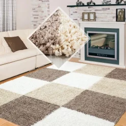Basic Shaggy Geblokt vloerkleed Bruin / Beige Hoogpolig - 200x290 CM