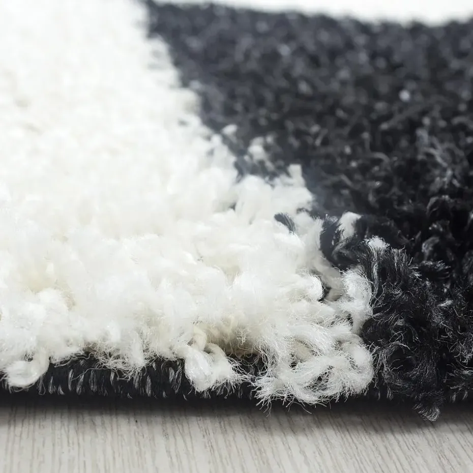 Basic Shaggy Geblokt vloerkleed Zwart / Wit Hoogpolig - 160x230 CM