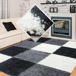 Basic Shaggy Geblokt vloerkleed Zwart / Wit Hoogpolig - 160x230 CM