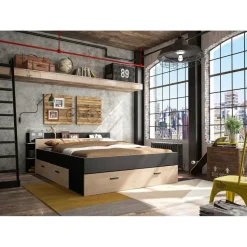 Bed met opbergruimte Eveline 160x200 - zwart/kastanjehout