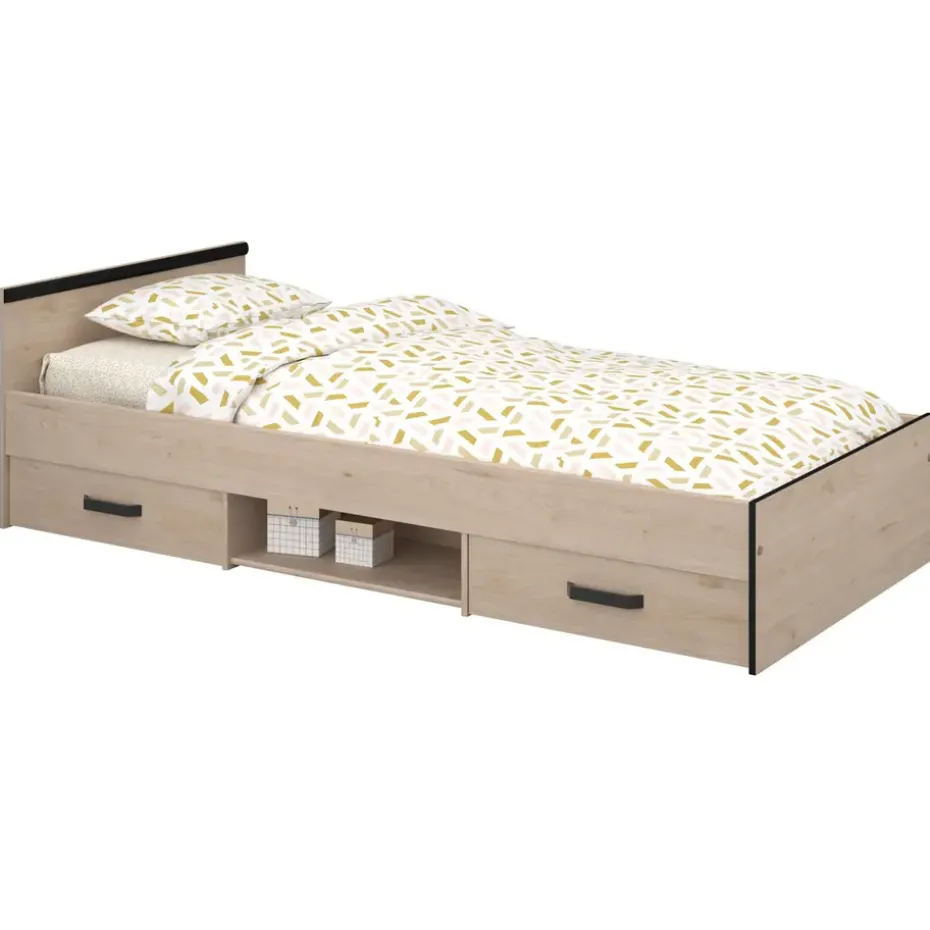 Bed Natan incl. lades - eiken/zwart - 90x200 cm