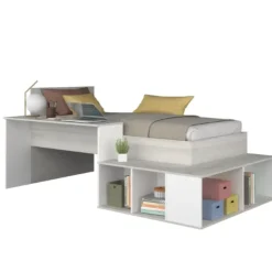 Bed Quinn 90x200 cm met bureau en opbergruimte - grenen/ wit