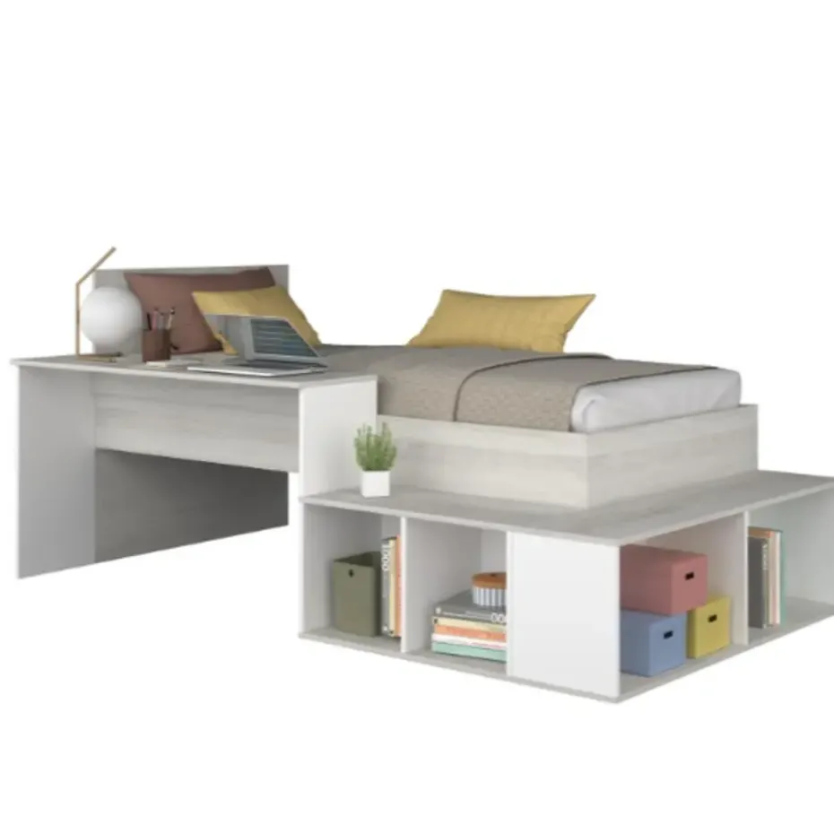 Bed Quinn 90x200 cm met bureau en opbergruimte - grenen/ wit