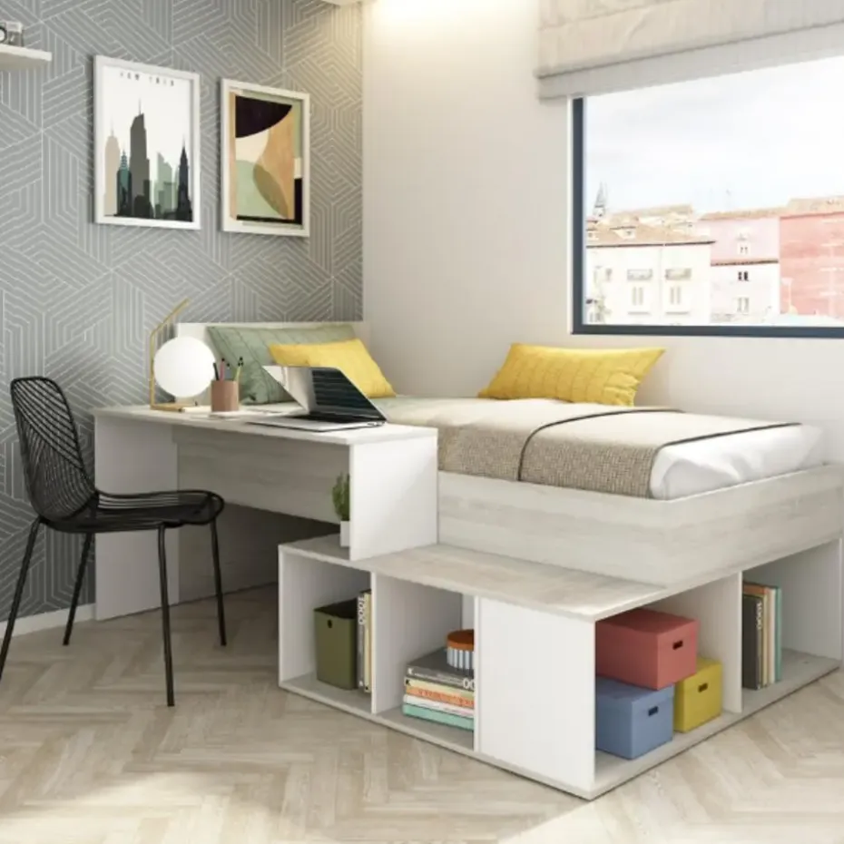 Bed Quinn 90x200 cm met bureau en opbergruimte - grenen/ wit