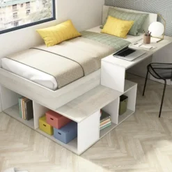 Bed Quinn 90x200 cm met bureau en opbergruimte - grenen/ wit