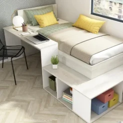 Bed Quinn 90x200 cm met bureau en opbergruimte - grenen/ wit