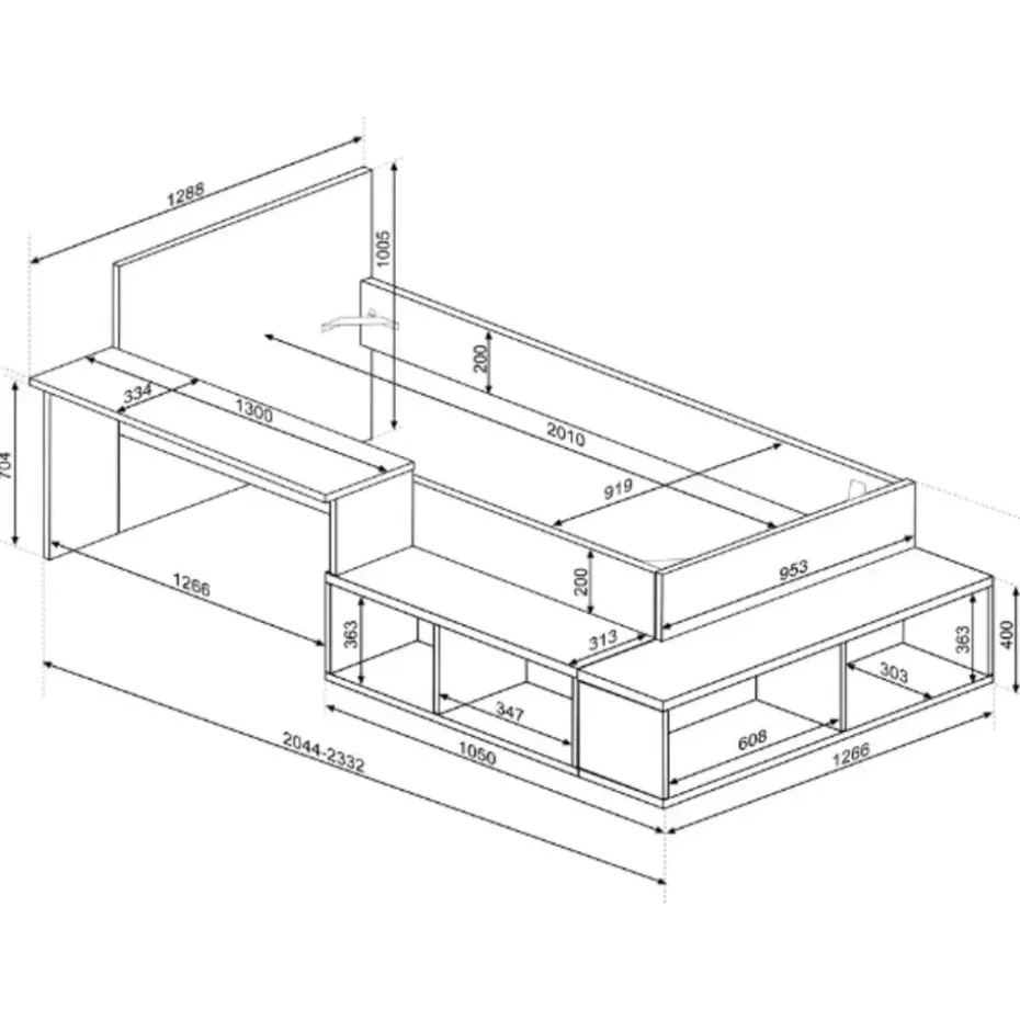Bed Quinn 90x200 cm met bureau en opbergruimte - grenen/ wit