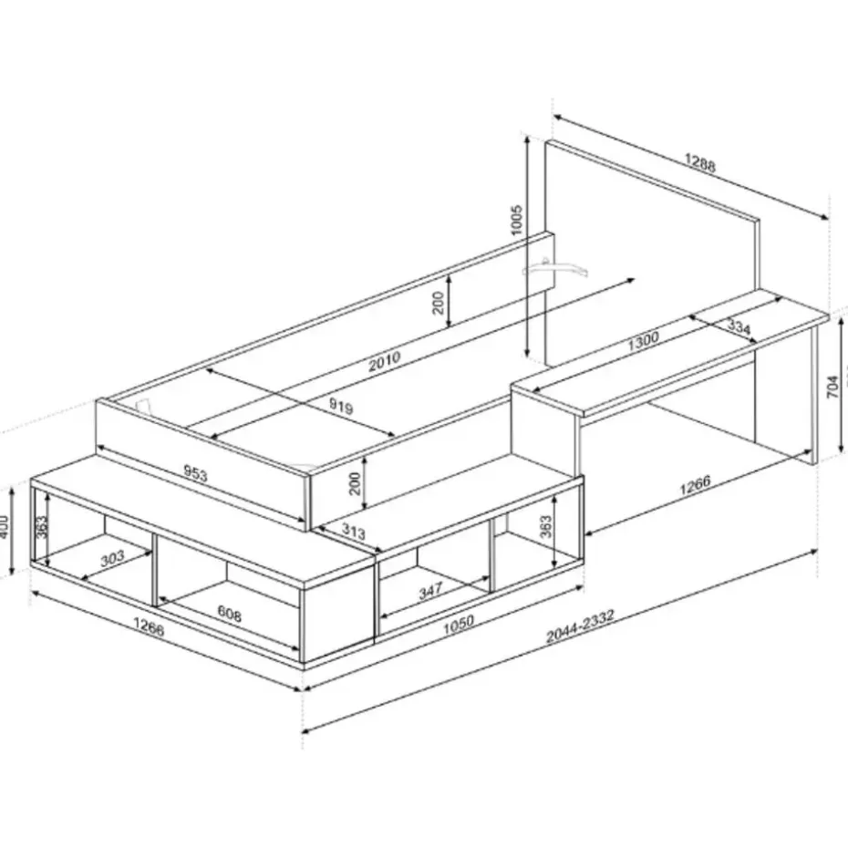 Bed Quinn 90x200 cm met bureau en opbergruimte - grenen/ wit