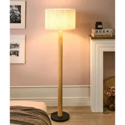 BELESSA - Staande lamp - Lichtbeige - Linnen/Rubberhout
