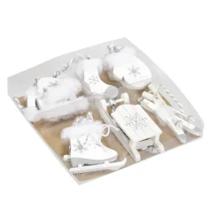 Bellatio decorations Kersthangers - 6x - hout - wit - wintersport