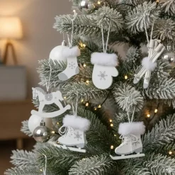 Bellatio decorations Kersthangers - 6x - hout - wit - wintersport