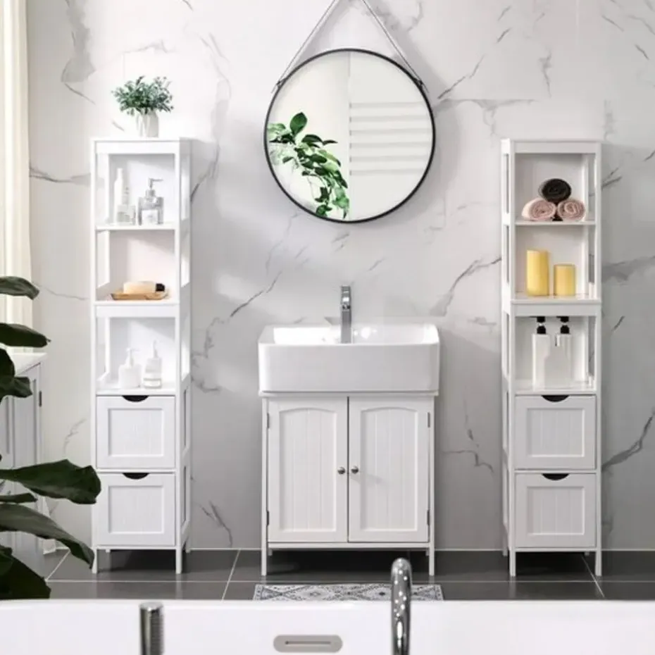 Bobbel Home - Hoge kast voor badkamer, opbergmeubel op poten, wit