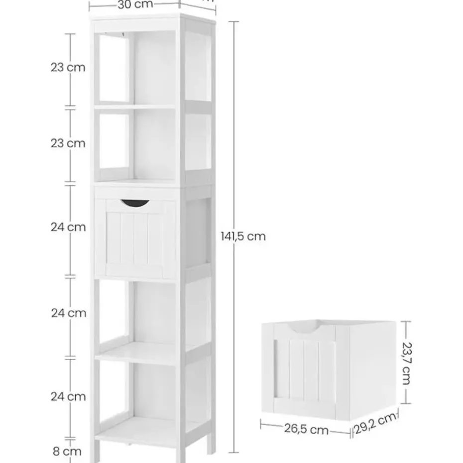 Bobbel Home - Hoge kast voor badkamer, opbergmeubel op poten, wit