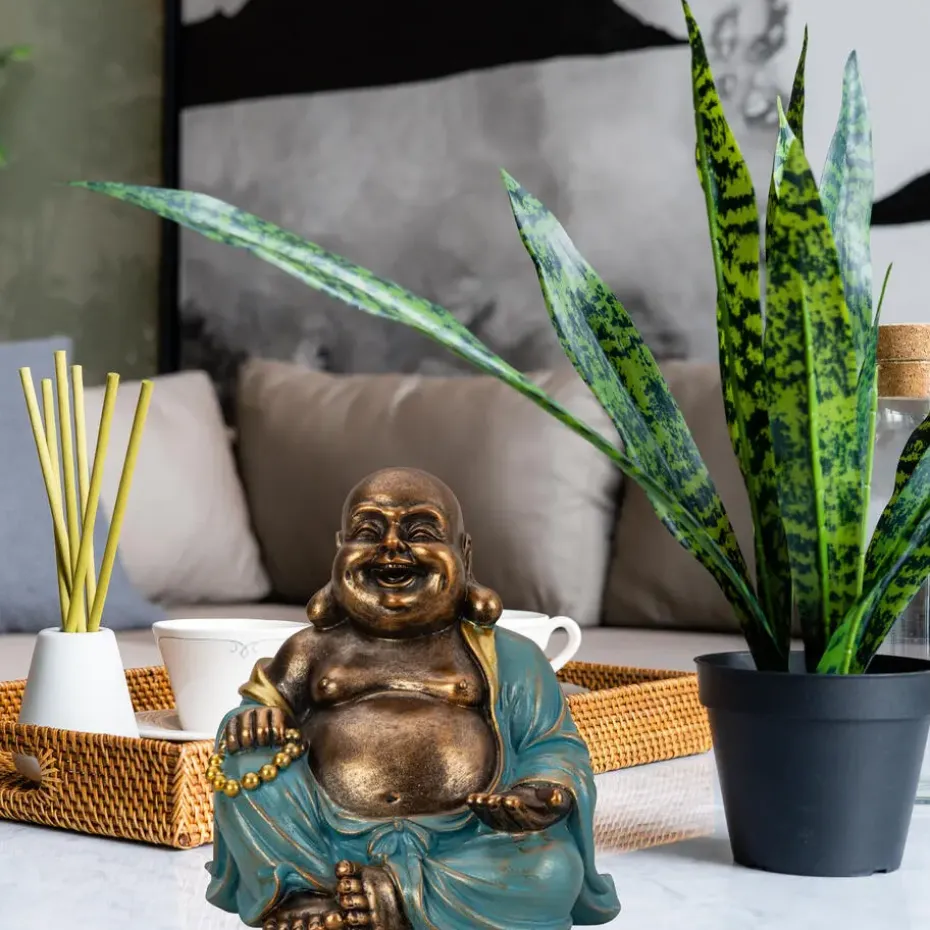 Boeddha beeld Happy Shaman - kunststeen - goud/jade - 22 x 23 cm