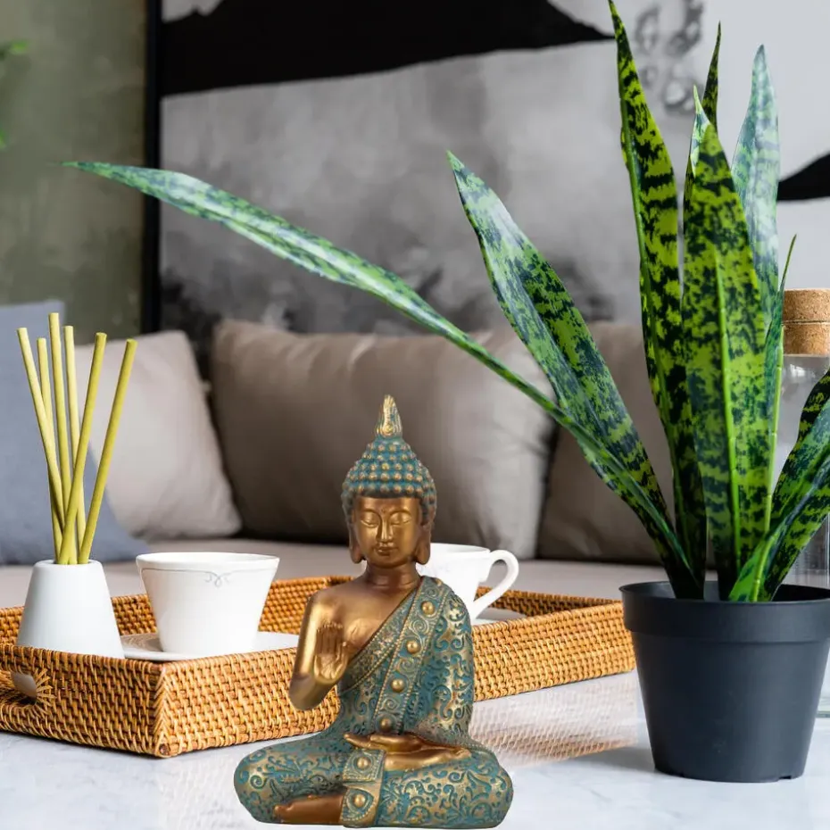 Boeddha beeld Shaman - binnen/buiten - goud/jade - 10 x 14 cm