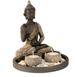 Boeddha beeldje - kaarshouders - schaal - goud/grijs - 18 x 21 cm