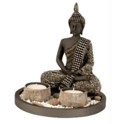 Boeddha beeldje - kaarshouders - schaal - goud/zwart - 18 x 21 cm
