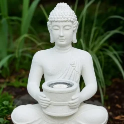 Boeddha beeldje - Solar lamp - wit - polystone tuindecoratie - 28 cm