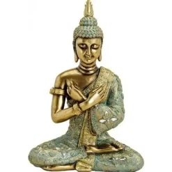 Boeddha beeldje - zittend - goud/groen - tuin en woondecoratie - 33 cm