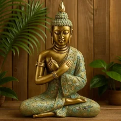 Boeddha beeldje - zittend - goud/groen - tuin en woondecoratie - 33 cm