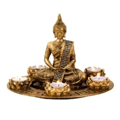 Boeddha beeldje met 5 kaarshouders op schaal - goud - 27 x 20 cm