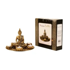 Boeddha beeldje met 5 kaarshouders op schaal - goud - 27 x 20 cm