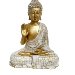 Boeddha decoratie beeldje - kunststeen - goud/wit - 22cm hoog