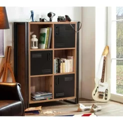 Boekenkast Sapphire - 89x35x127cm - 3 deuren - zwart metaal/eikdecor