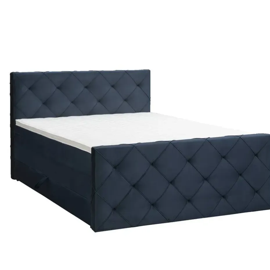Boxspring met opbergruimte en voetbord Liv geruit - blauw - 180x200cm