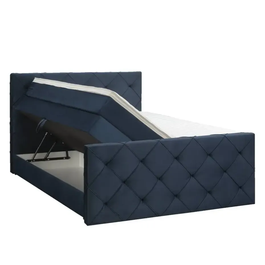 Boxspring met opbergruimte en voetbord Liv geruit - blauw - 180x200cm