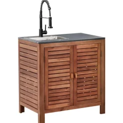 BRUCOLI - Buitenkeukenkast met spoelbak - Bruin/Zwart - Acaciahout