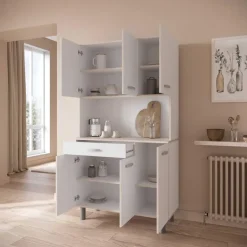 Buffetkast Pavel 185cm hoog - mat wit/acacia met werkblad