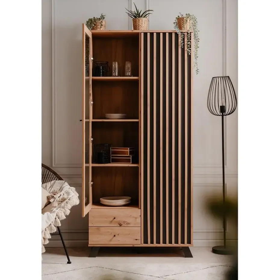 CALICOSY - Vitrinekast LUBLIN - Licht hout - 198x92x40 cm