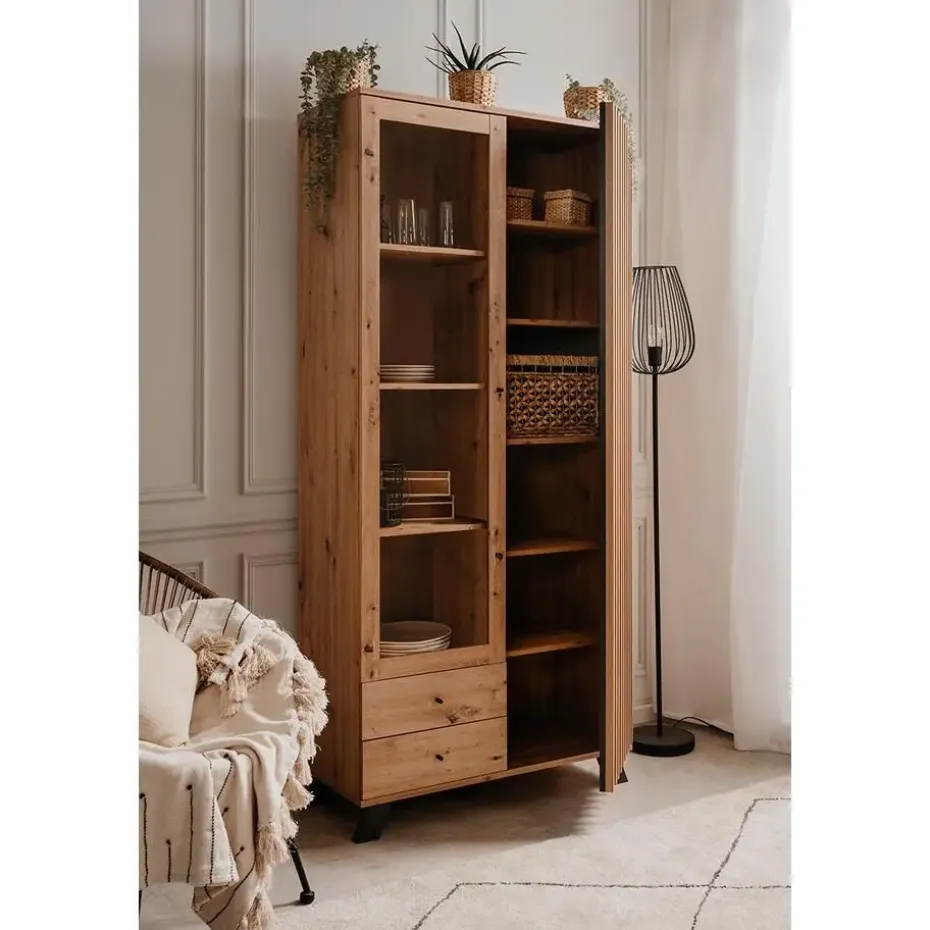 CALICOSY - Vitrinekast LUBLIN - Licht hout - 198x92x40 cm