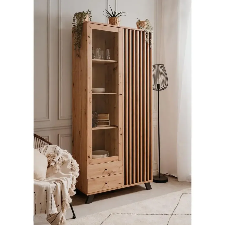 CALICOSY - Vitrinekast LUBLIN - Licht hout - 198x92x40 cm