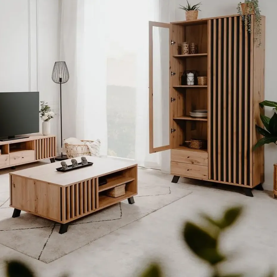 CALICOSY - Vitrinekast LUBLIN - Licht hout - 198x92x40 cm