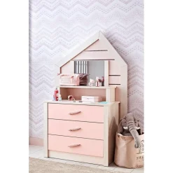 Cento Pink commode ladekast huisje met spiegel meisjeskamer