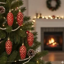 Christmas goods Kersthangers - 6x - dennenappels - rood - 9 cm