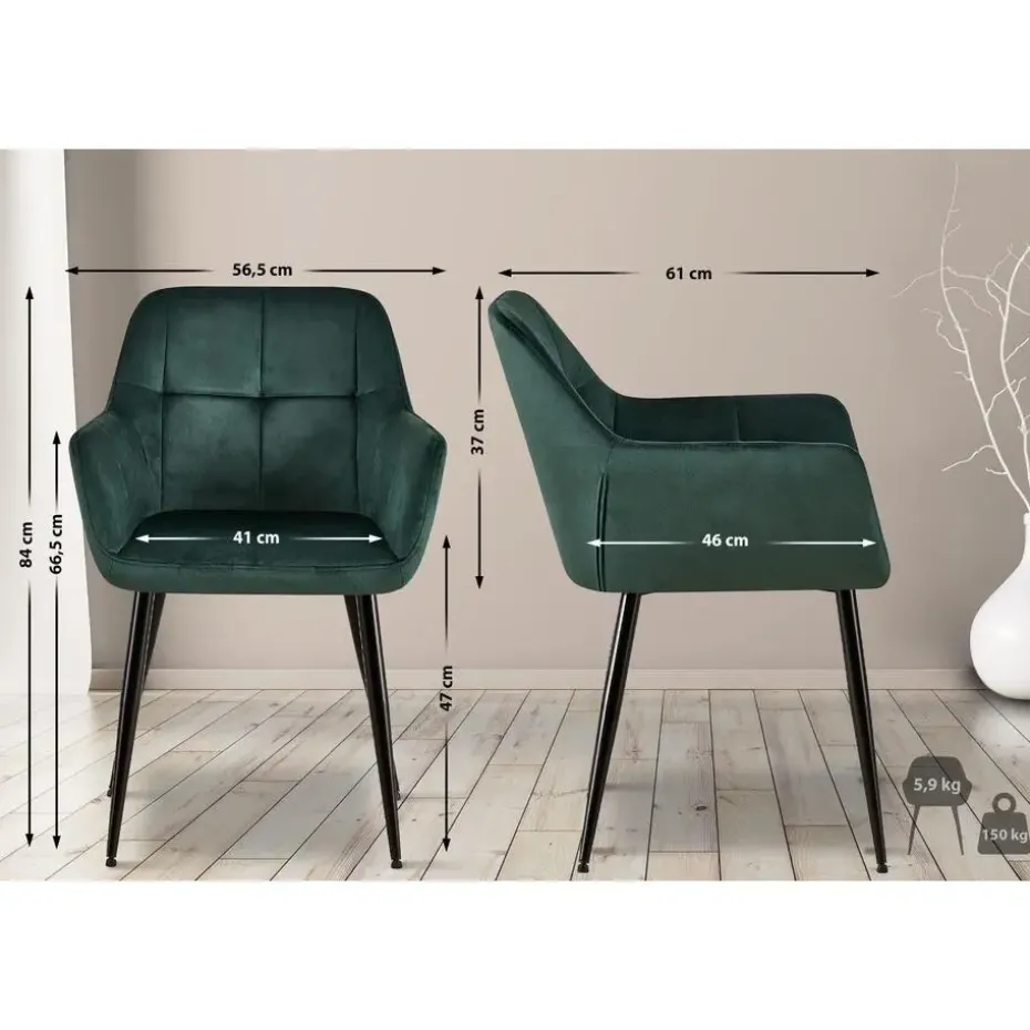 CLP Eetkamerstoel Emia zwart Frame - Fluweel - groen