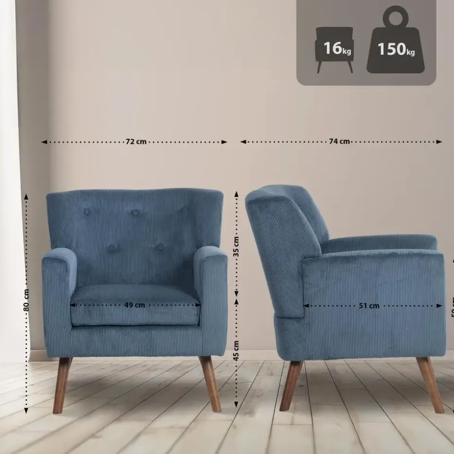 CLP Fauteuil Kioni bruin Frame - Ribstof - blauw